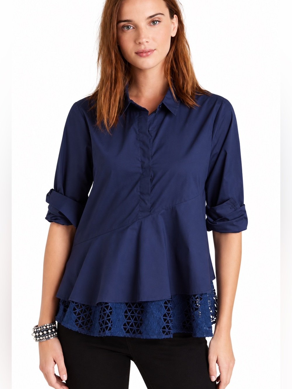 Anthropologie HD in Paris Tiered Crochet Poplin Top Blouse in Navy Blue